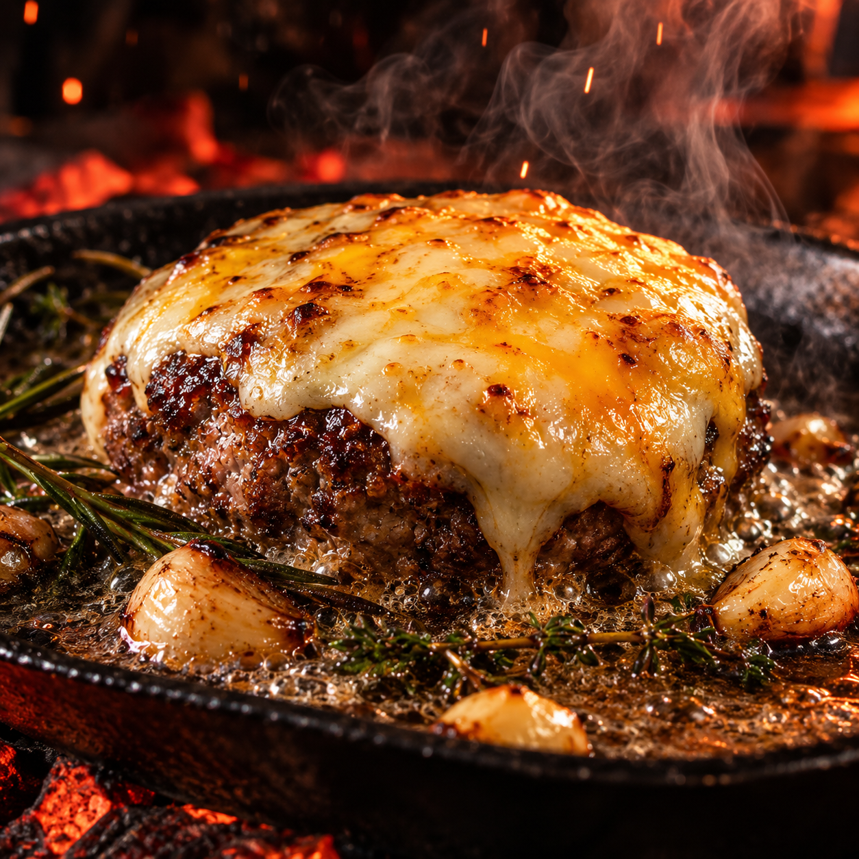 Medallon de carne gruesa a la parrilla con queso fundido
