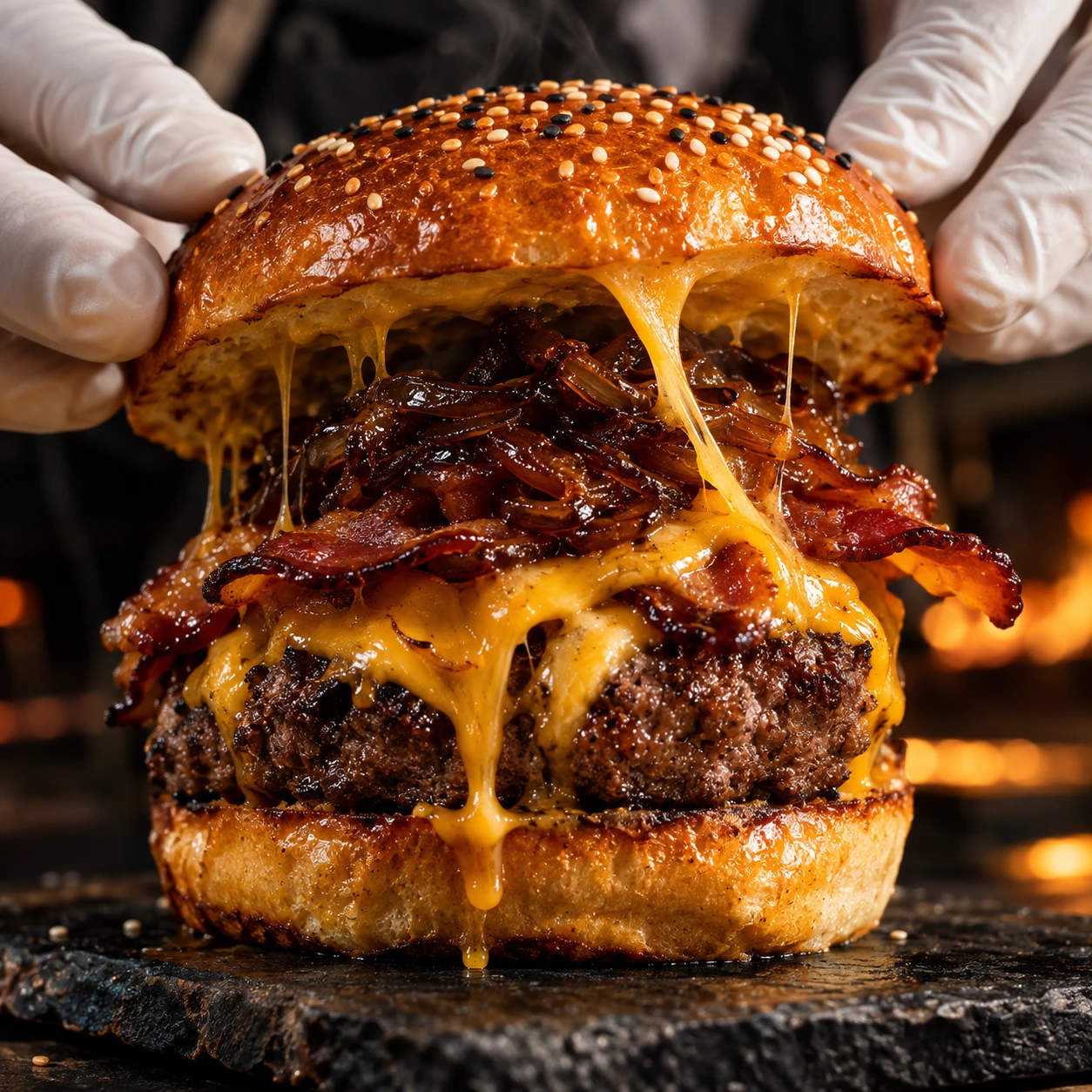 Queso gouda derritiendo sobre hamburguesa
